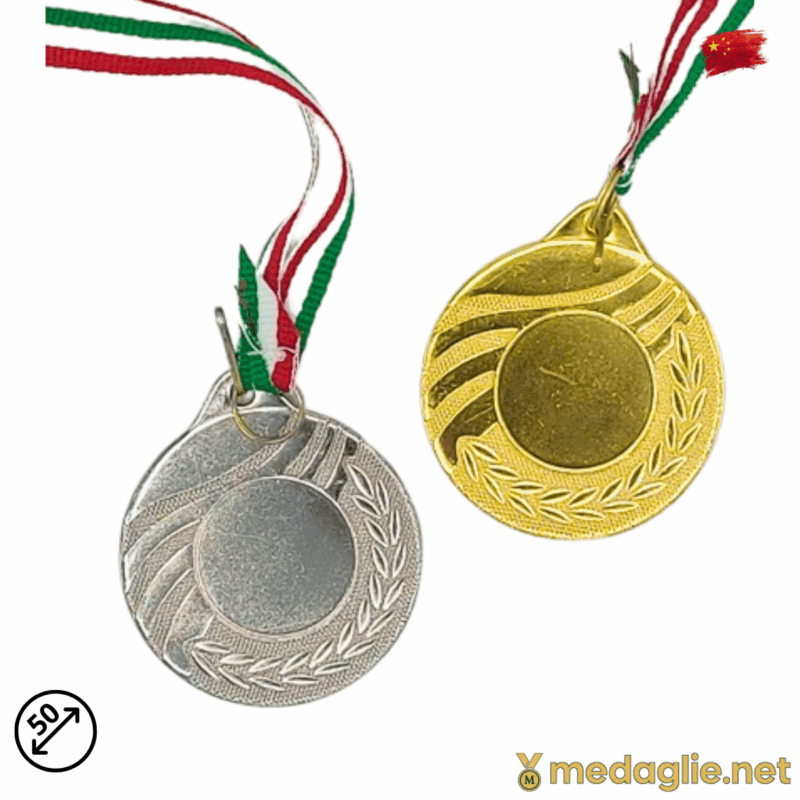 medaglia sportiva personalizzabile 50 mm oro bordo onde alloro