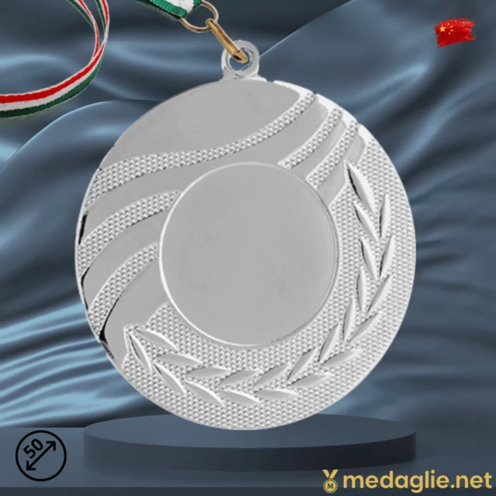 Medaglia Sportiva Personalizzabile Onde Alloro Diametro 50 mm Argento